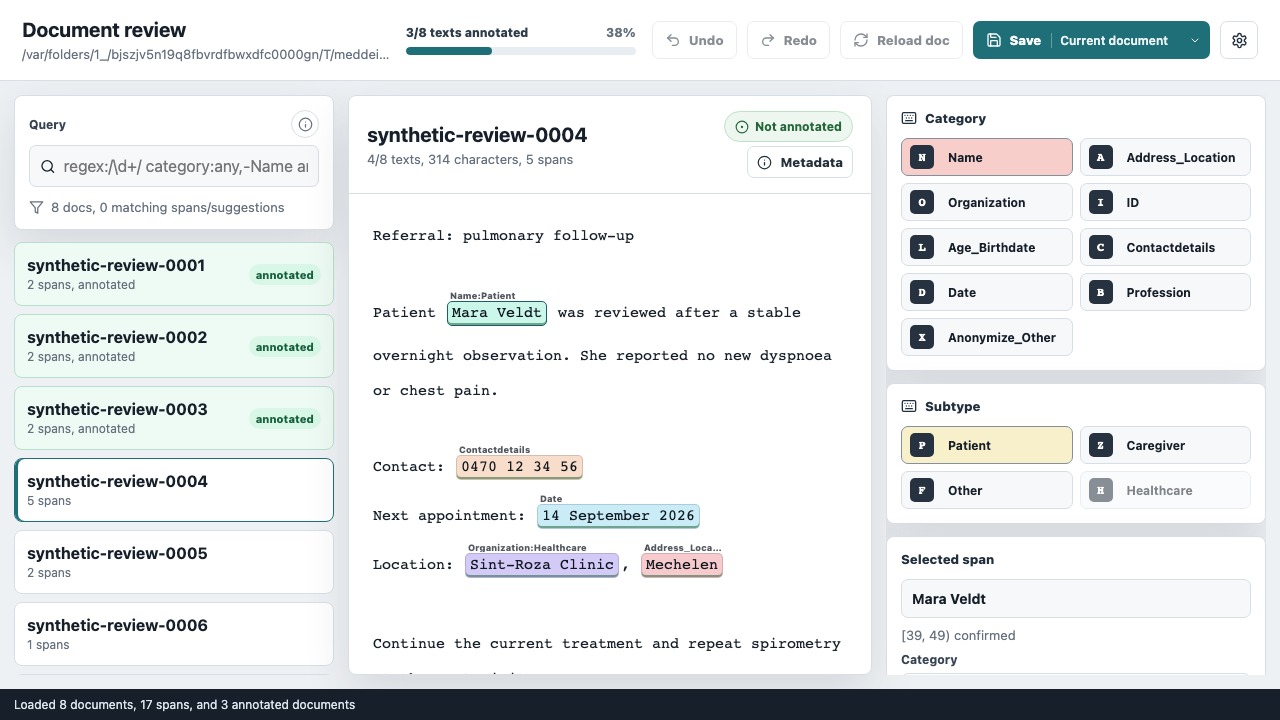 Annotate interface midway through a review, with three completed documents, pending documents, synthetic clinical text, highlighted identifier spans, and label controls