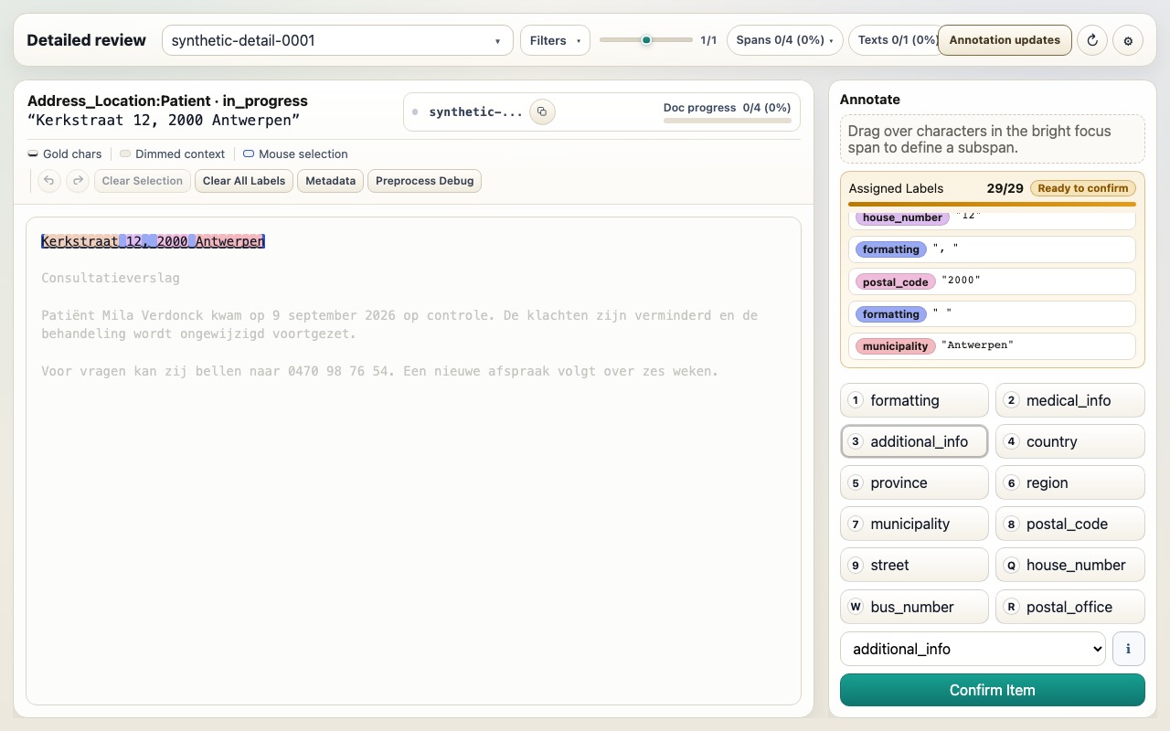 Subannotate interface with a synthetic address divided into house number, postal code, municipality, and formatting subcategories